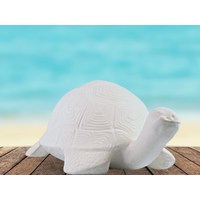 Handmade ready to paint ceramic turtle on a table by the ocean.  It is facing slightly toward the right.  The detail on the shell is visible Handmade ready to paint ceramic turtle on a table by the ocean.  It is facing slightly toward the right.  The detail on the shell is visible
